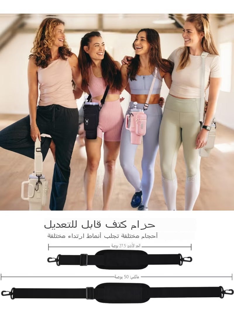 Reema Water Bottle Carrier Bag for Stanley 40oz & 30oz, Neoprene Sleeve Holder with Phone Pocket & Zipper Pouch, Adjustable Crossbody Strap, Hands-Free Walking Gear - Black - Image 3